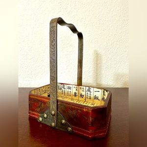 Antique Chinese Wooden Basket Phoenix Butterfly Gourd Brass Handle Hardware